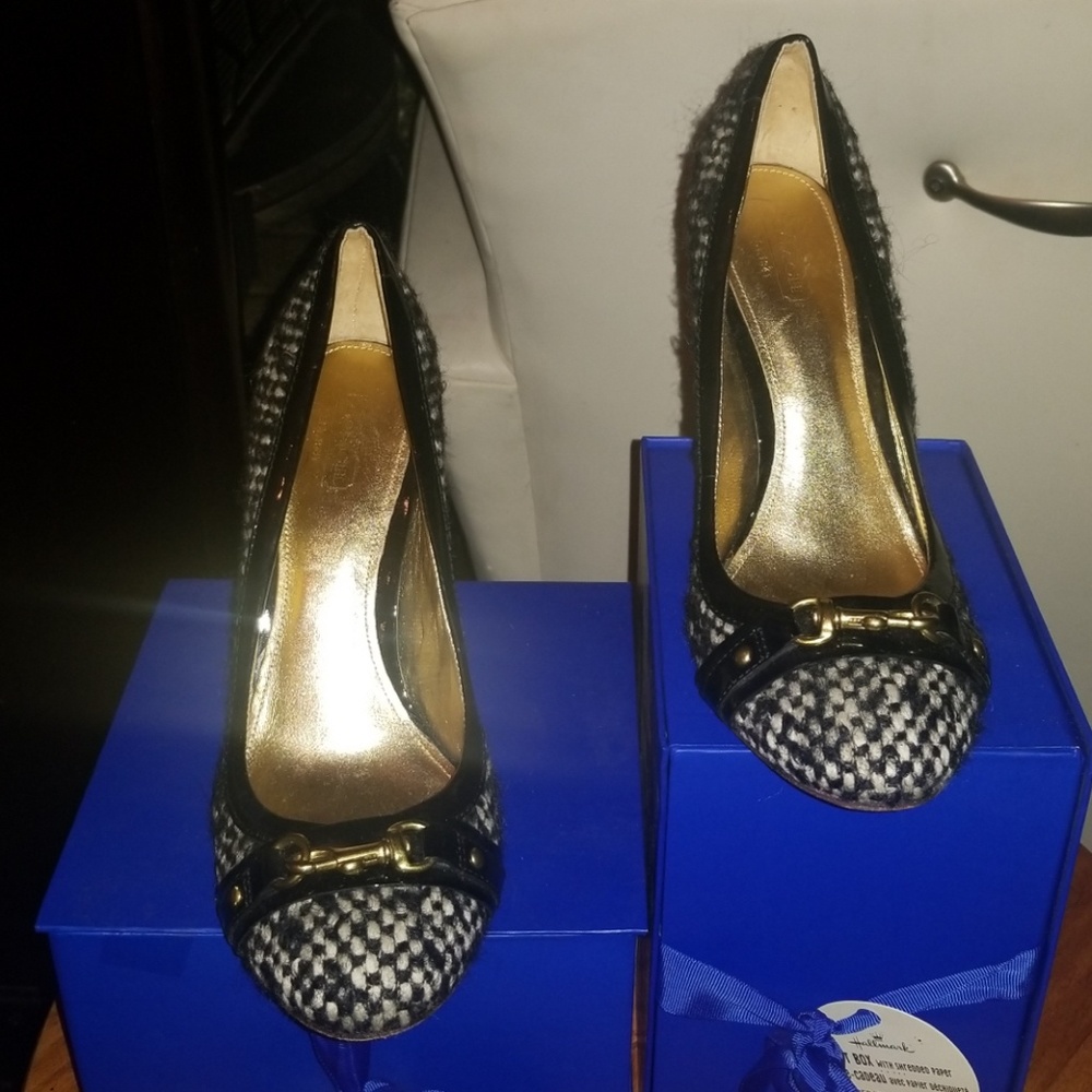 Authentic black and white wool & leather coach heels